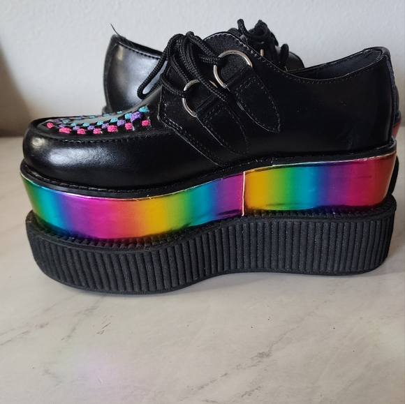 T.U.K. Rare Tuk Black Leather Triple Rainbow Sole Viva Creepers Mondo Size 6 - Picture 4 of 9